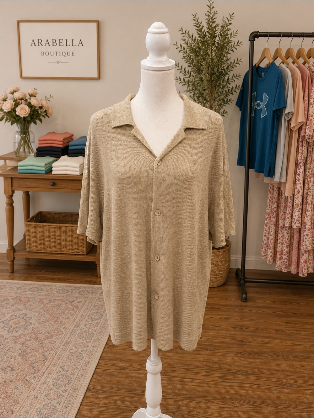 Premise Sage Green Ribbed Button Front Collared Top Size Large NWT
